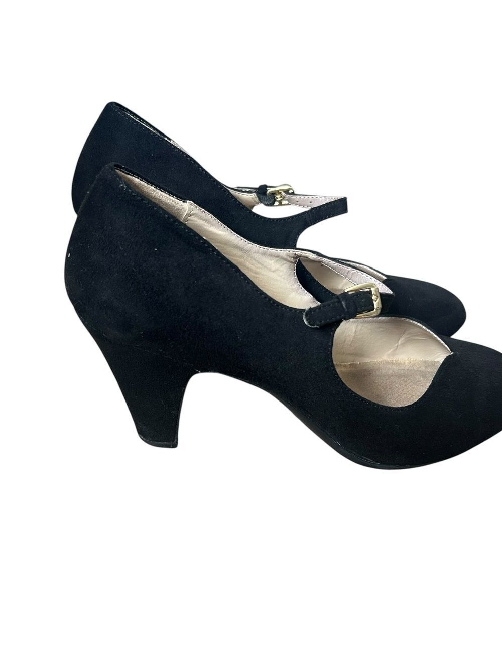 Naturalizer Black Suede Mary Jane Heels with Gold Buckles Size 8.5